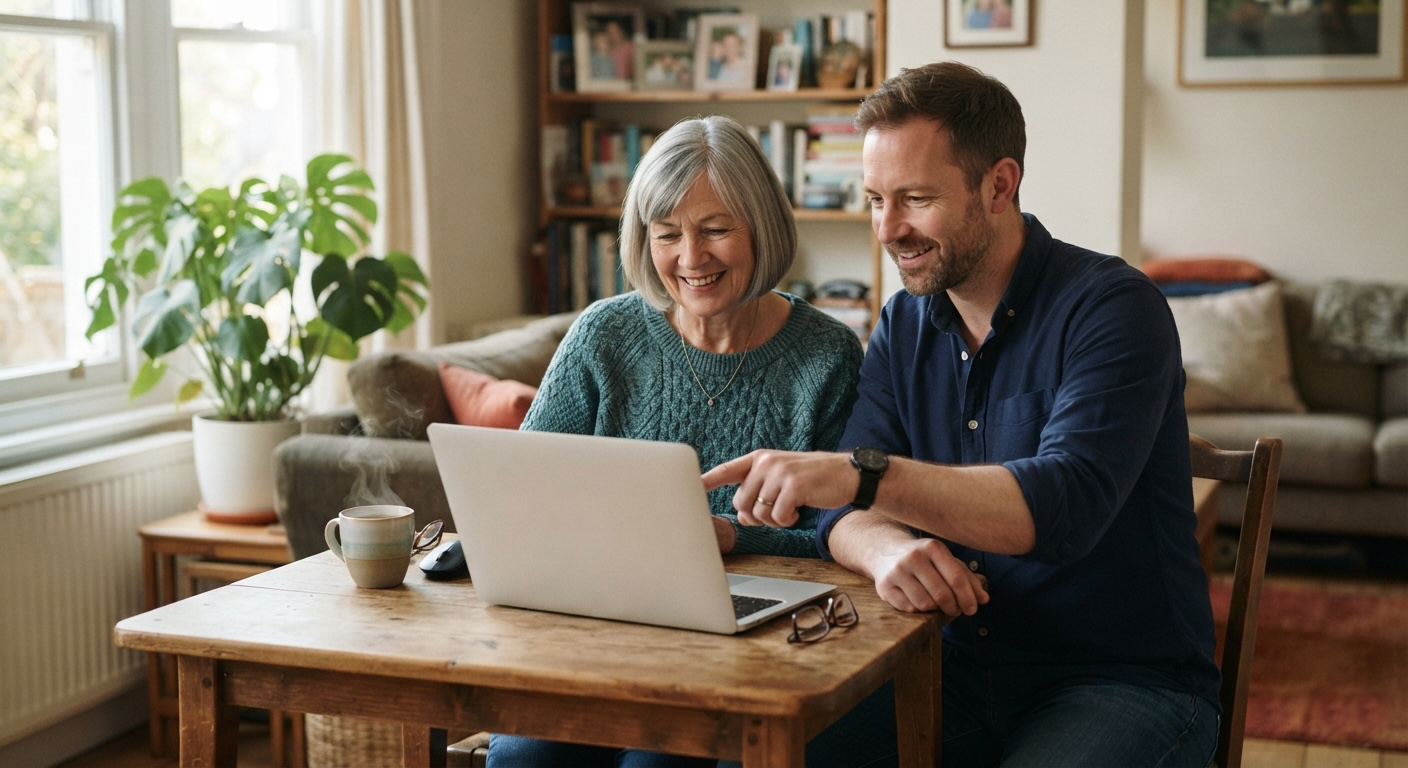 A friendly helper and an older adult smiling together at a laptop in a bright, cozy living room